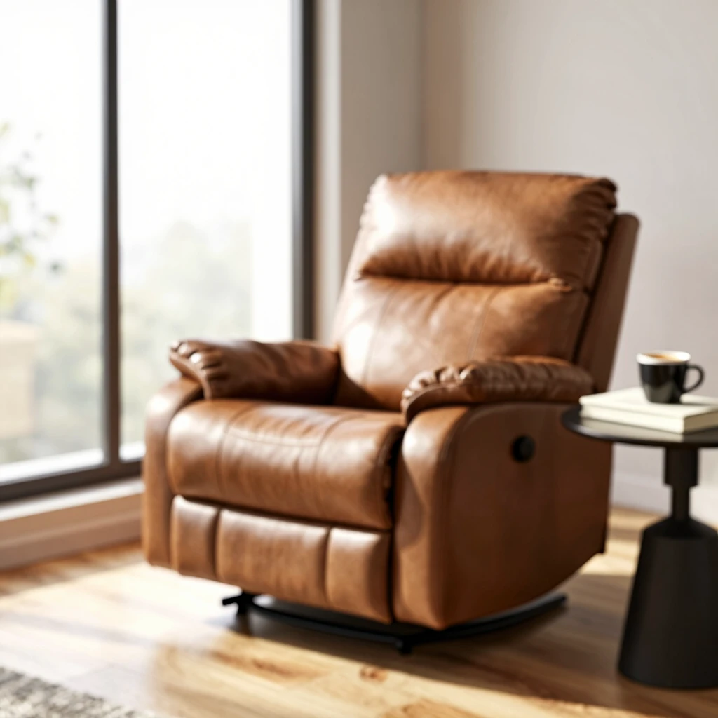 Cozy living room with a leather recliner by the window