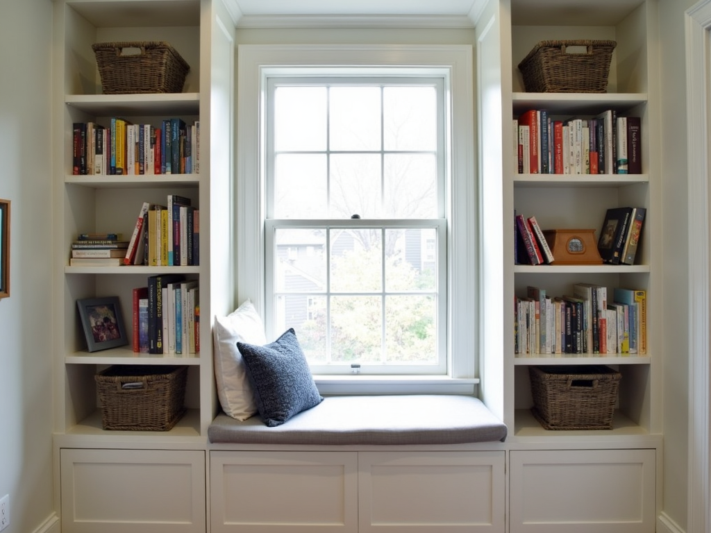 Built-in bookshelves around a window