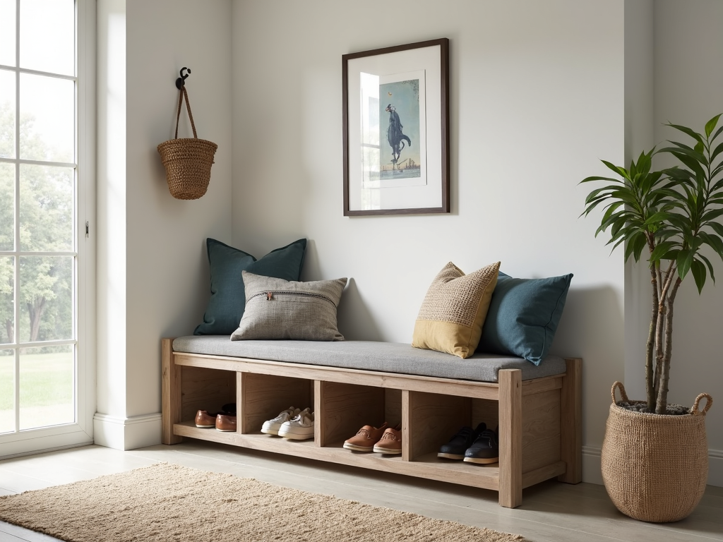 An entryway with a storage bench for shoes and bags.
