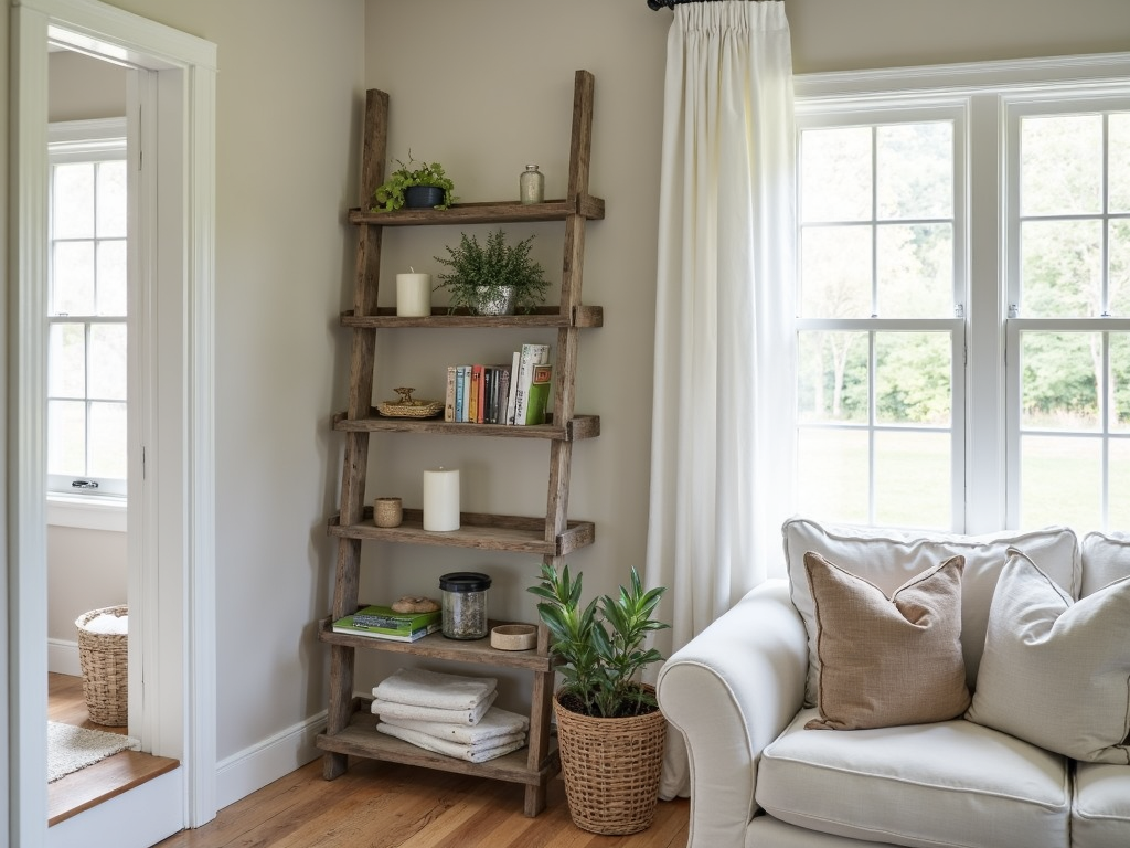 Repurposed ladder shelf in a cottage living room