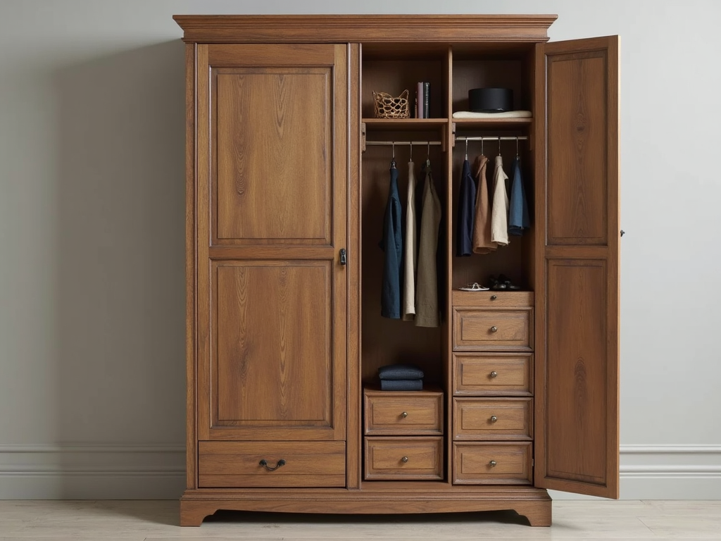 A wardrobe armoire with hidden compartments for accessories and valuables.