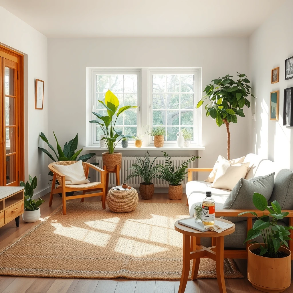 Eco-friendly living room with sustainable furniture and natural cleaning supplies