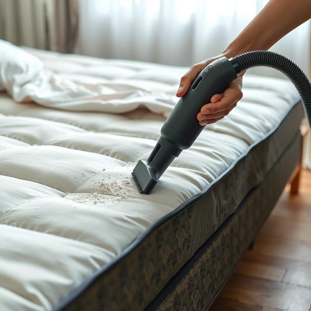 Person vacuuming a futon mattress for cleaning