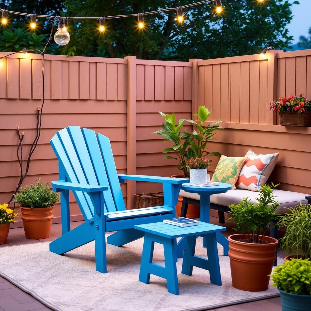 Blue recycled plastic Adirondack chair in a cozy outdoor lounge