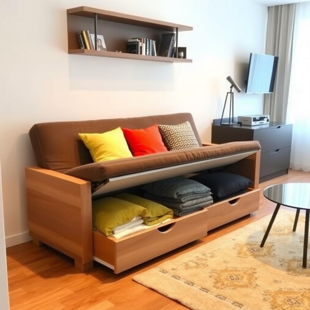 A futon sofa with open storage in a modern studio apartment, decorated with colorful pillows.