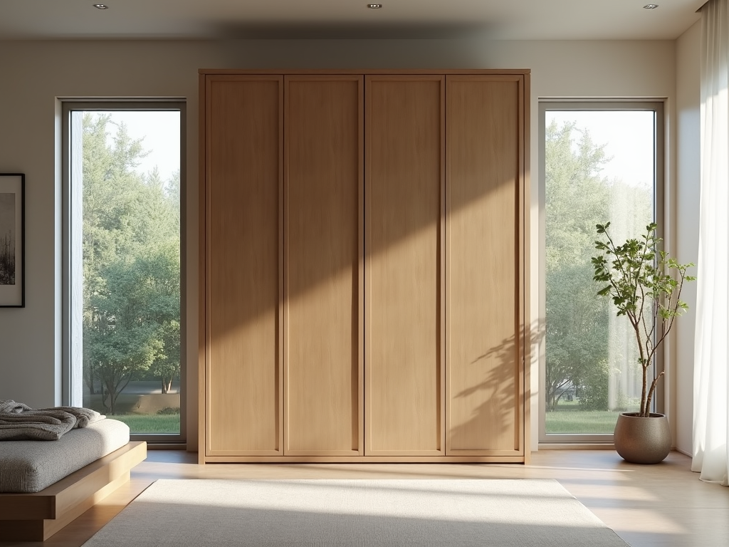 Large wooden armoire in a master bedroom