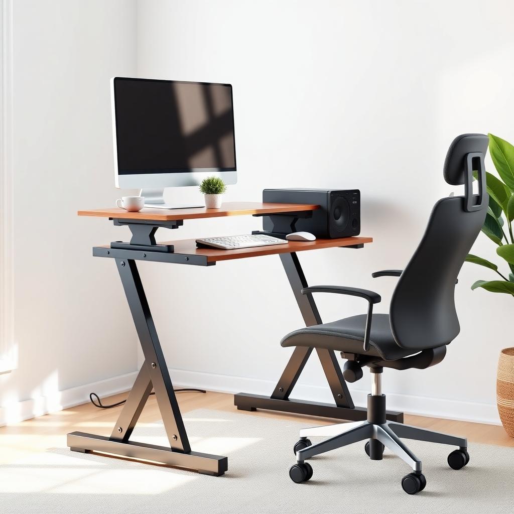 Home office with an ergonomic standing desk, monitor at eye level, and supportive chair.