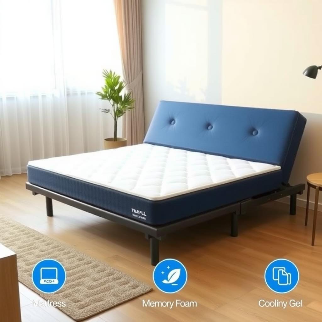 A tri-fold futon with a memory foam mattress in a modern studio apartment.