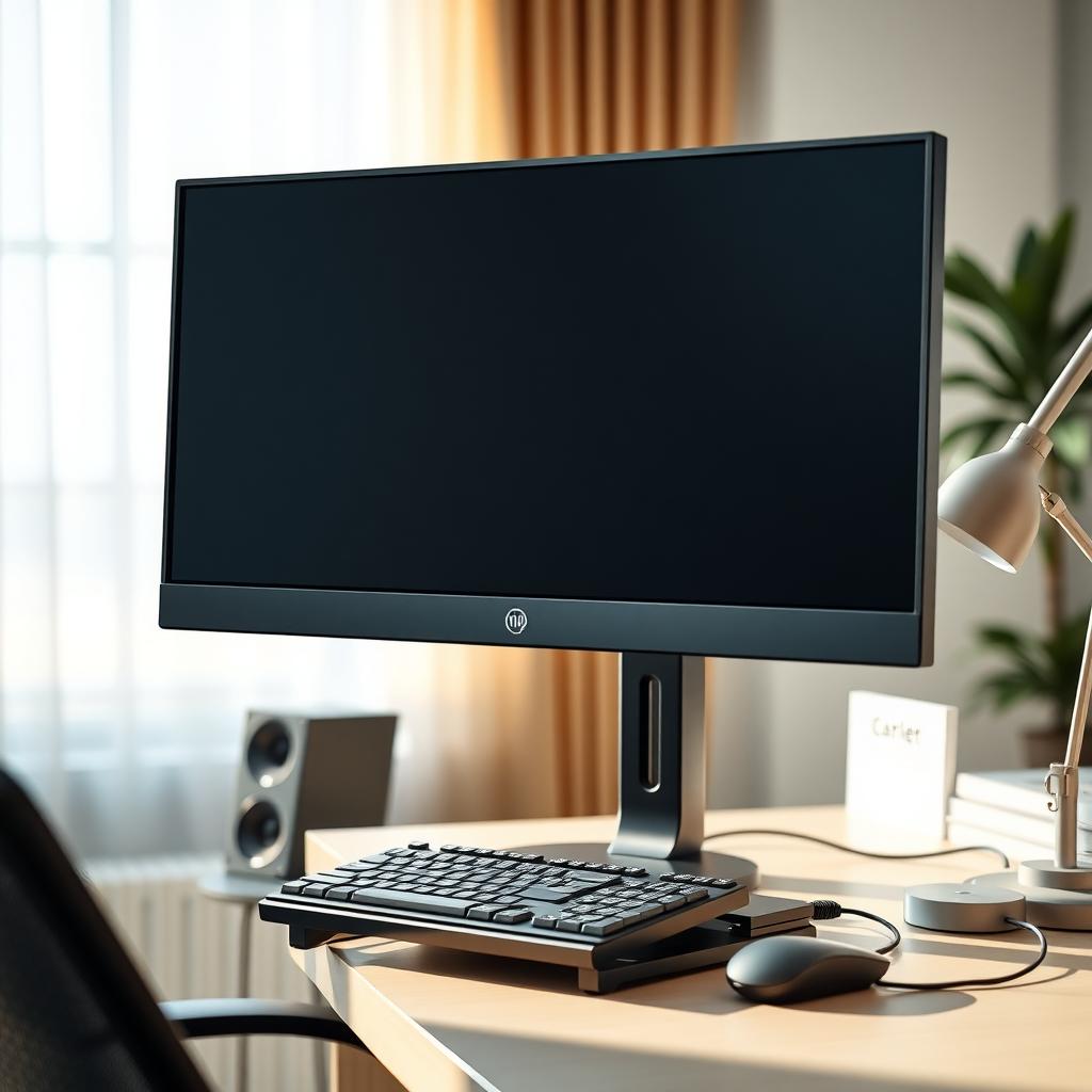 Ergonomic monitor setup with the screen at eye level, tilted slightly, and lit by soft natural light.