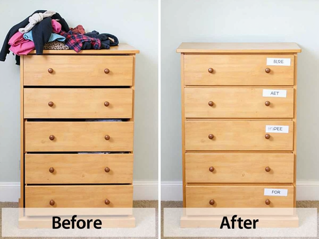 A six-drawer dresser before and after organization.