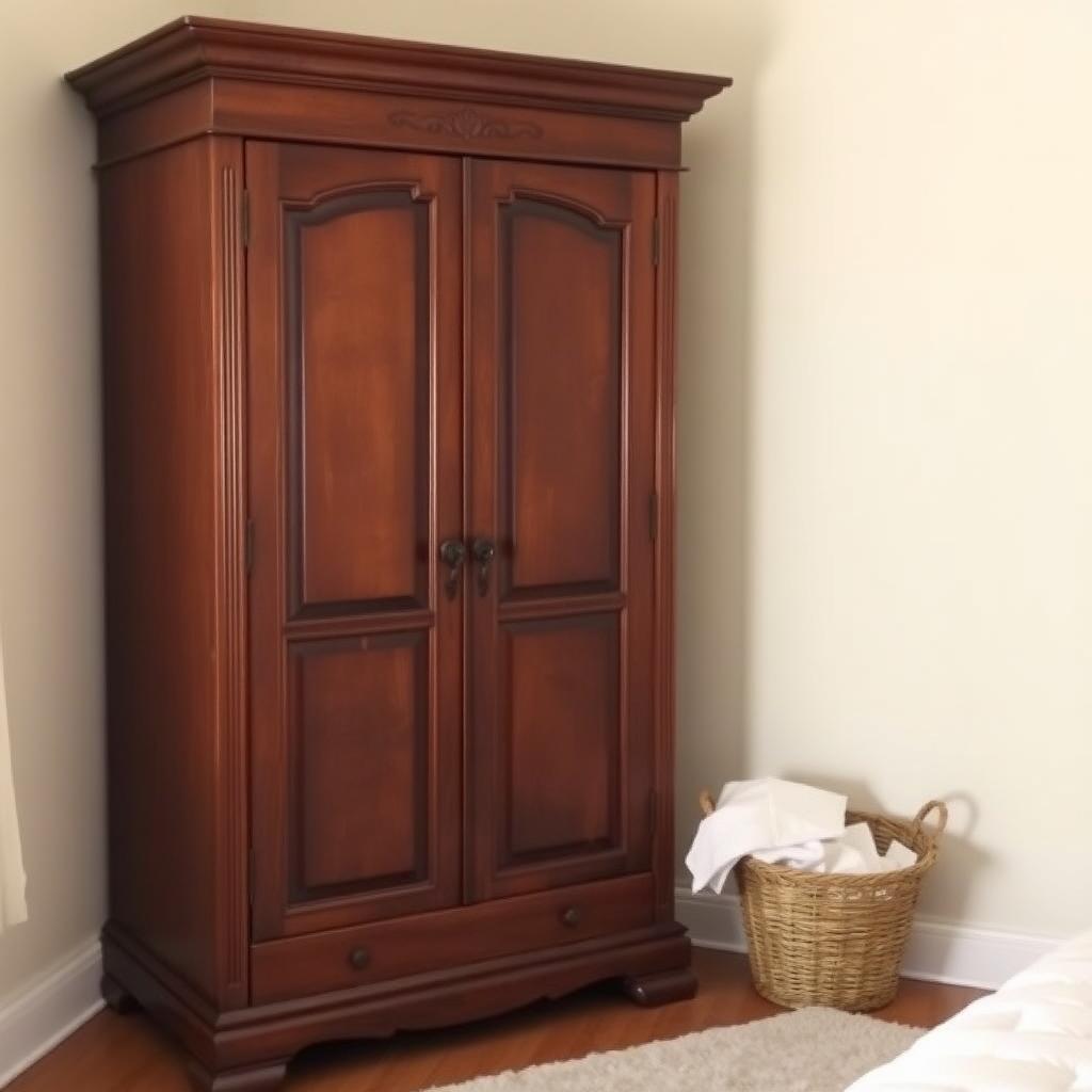 Antique mahogany armoire with closed doors in a tidy bedroom corner, next to a basket of folded clothes and a soft rug.