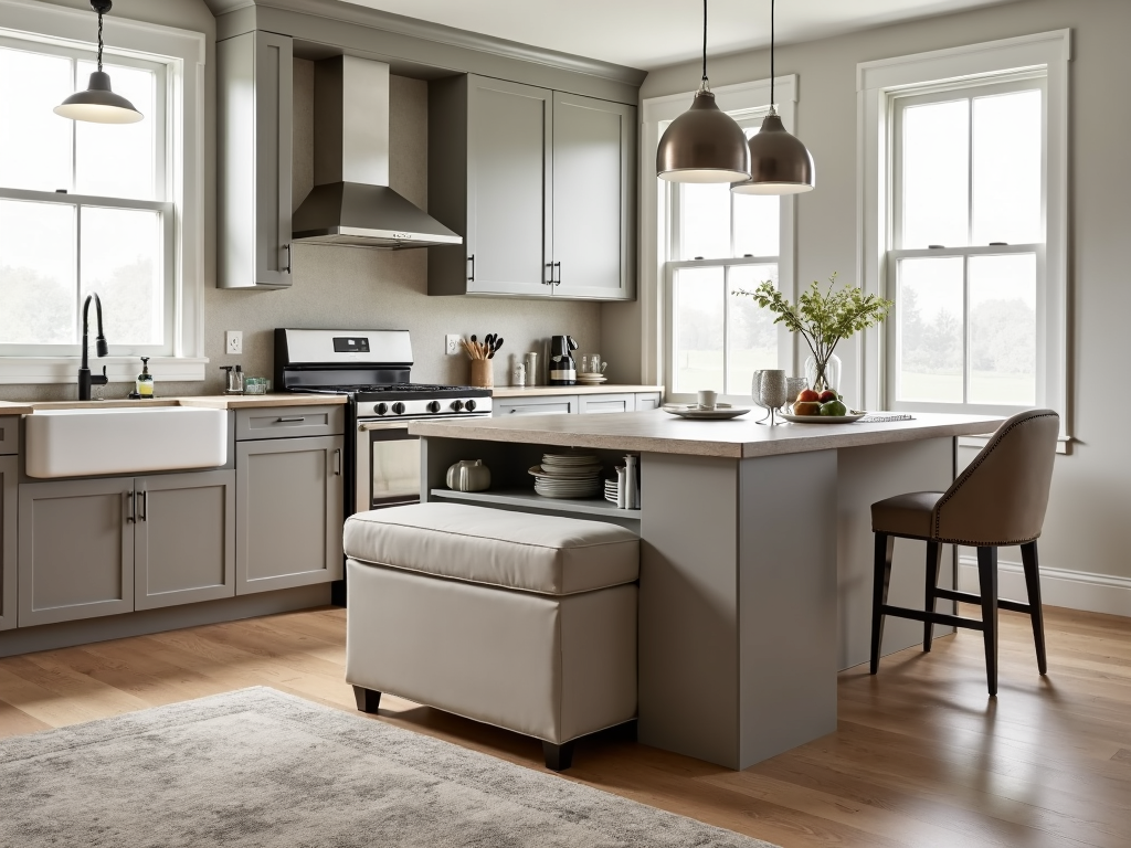 A kitchen with an ottoman with storage and a multi-functional dining table, showcasing space-saving furniture ideas.