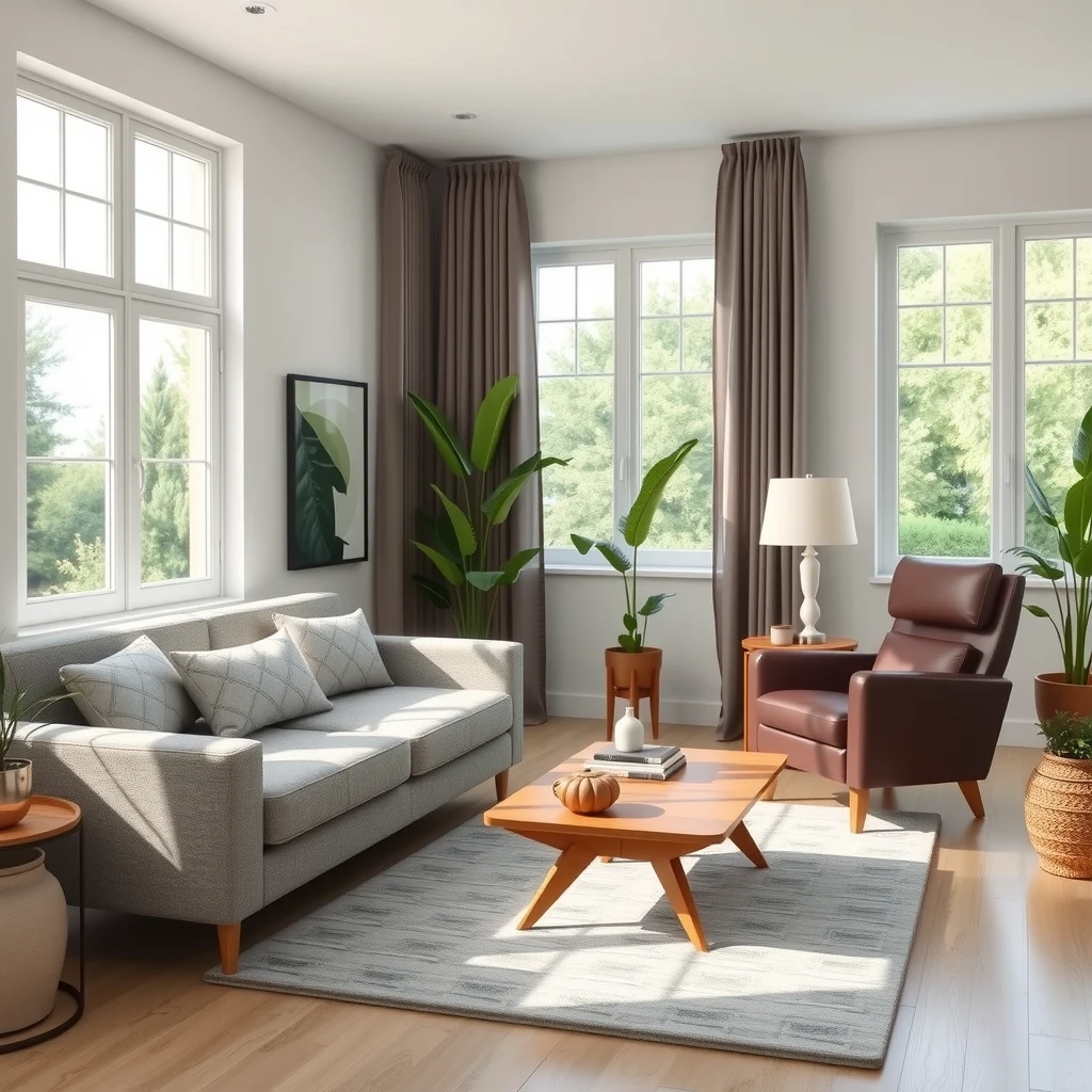 Cozy modern living room with sofa, coffee table, and recliner chair bathed in natural light