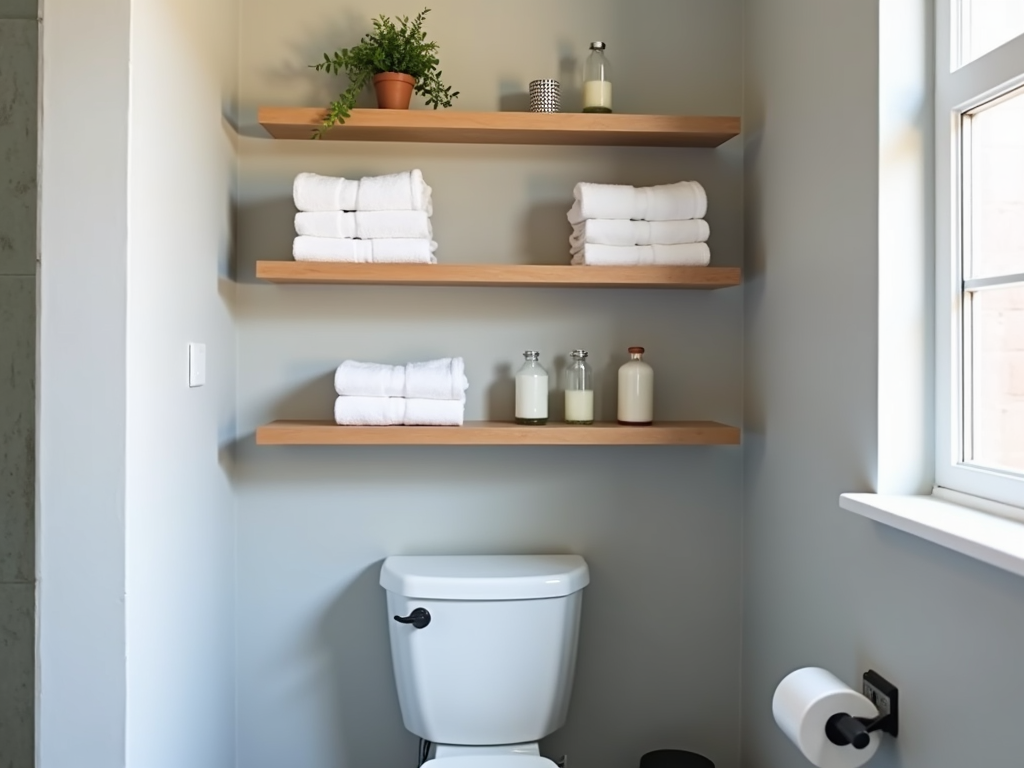 Floating shelves with towels and decor in small bathroom