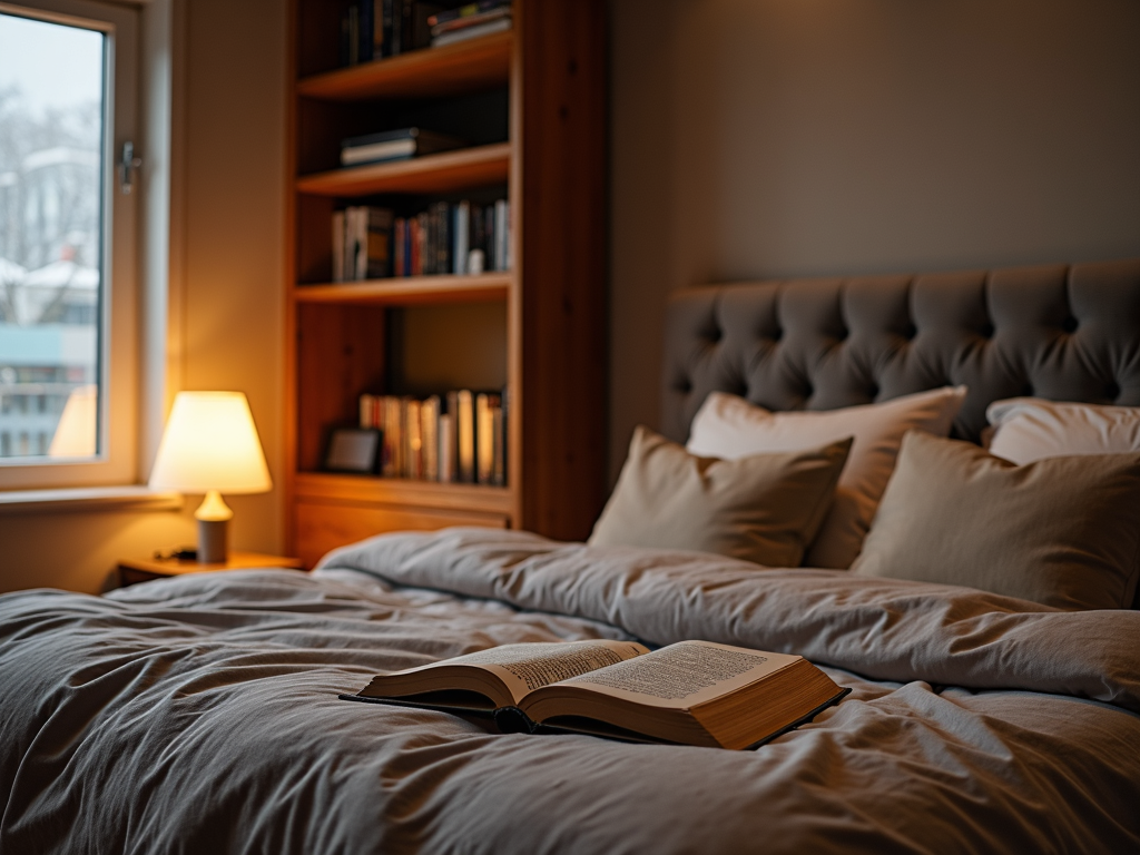 A tranquil bedroom corner with a stylish bookshelf and a cozy reading area illuminated by a warm table lamp.