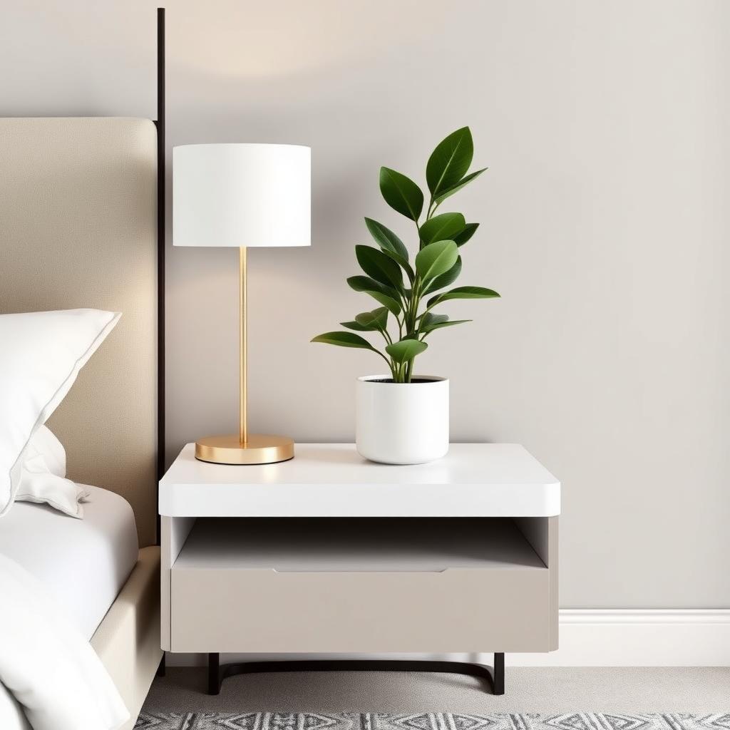 A modern nightstand with a plant and minimalist lamp.