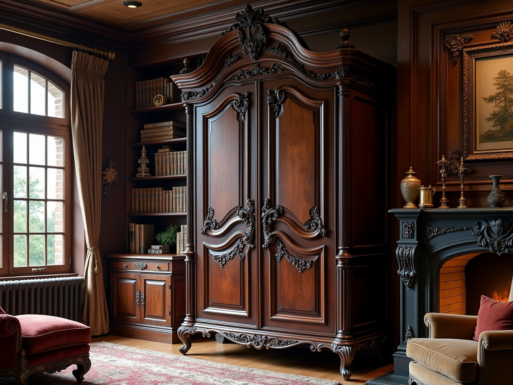 A Victorian armoire in a cozy study
