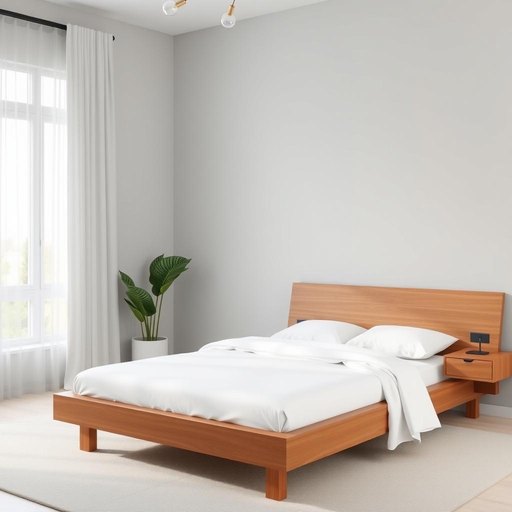 Minimalist bedroom with a low-profile bed, white bedding, and a sleek wooden nightstand.