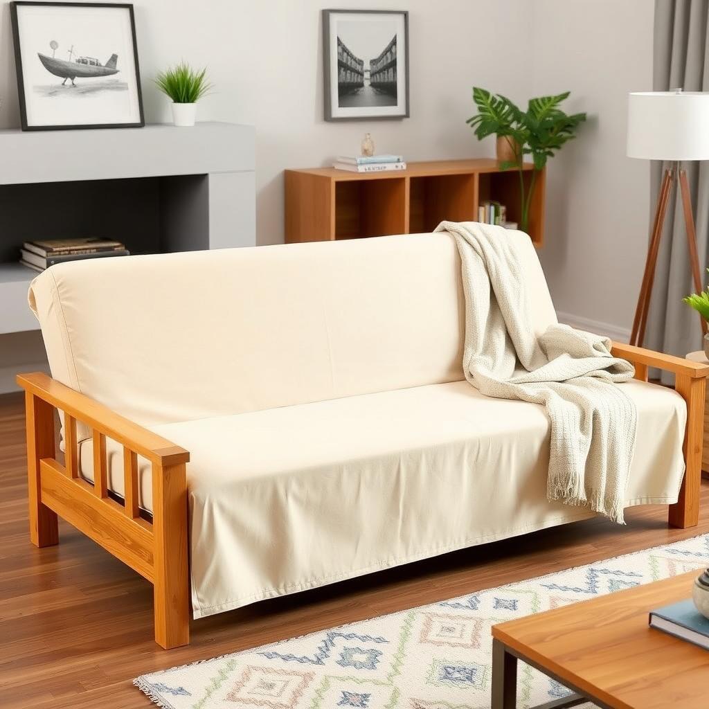 Modern living room with a wooden futon frame and neutral slipcover.