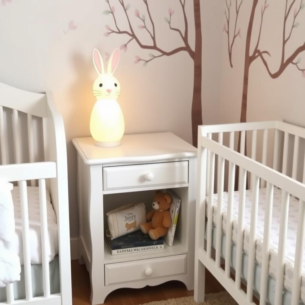 A nursery nightstand with a bunny lamp and baby essentials.
