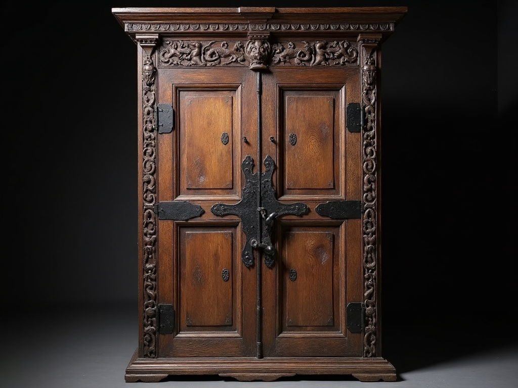 Medieval armoire with Gothic knight carvings
