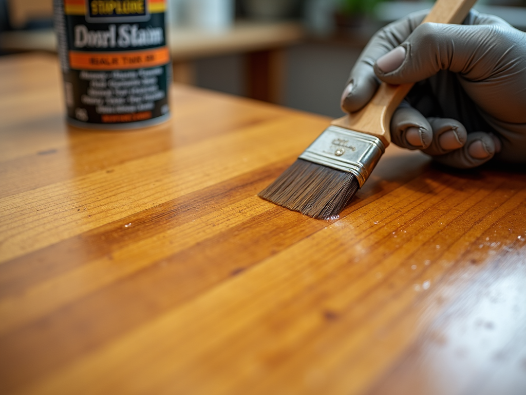 Applying wood stain to a tabletop for a smooth finish