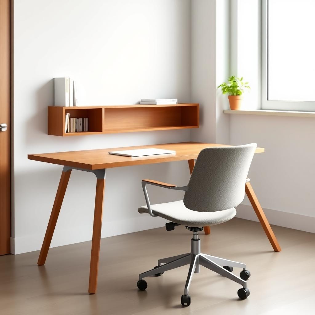 Minimalist home office with a wooden desk, ergonomic chair, and wall-mounted shelf.