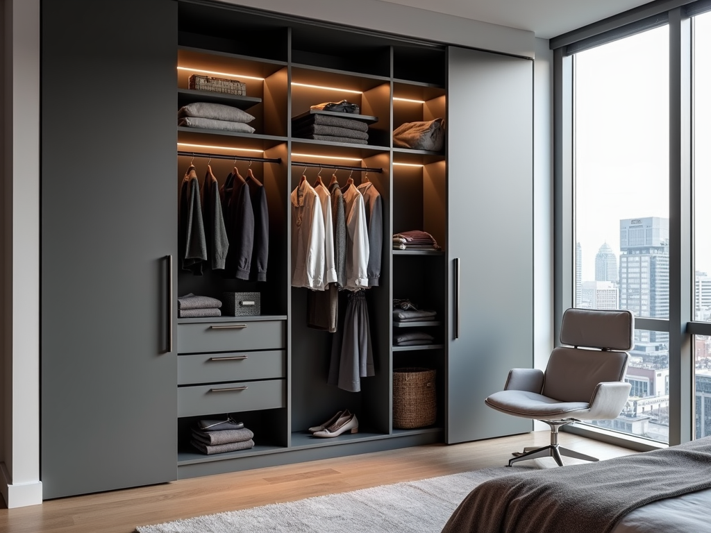 A smart storage closet in a modern urban apartment, blending tech and space efficiency.