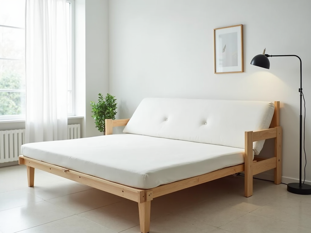 Minimalist futon in a modern living room, displayed as both a sofa and a bed