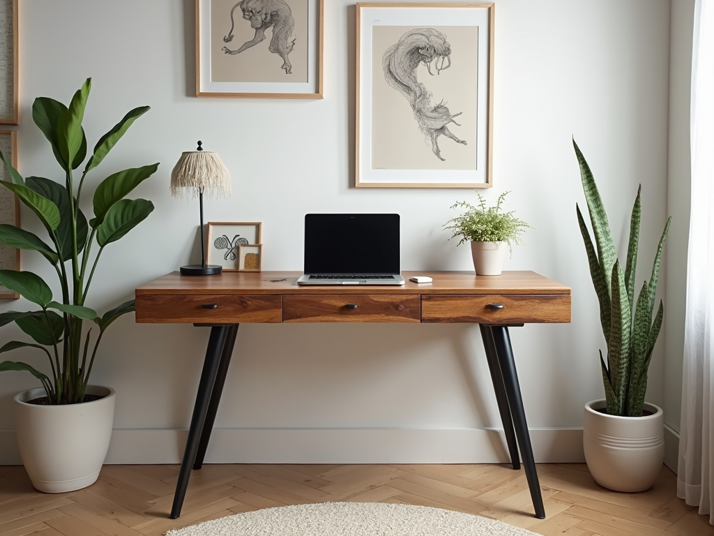 A reclaimed wood desk in a modern home office.