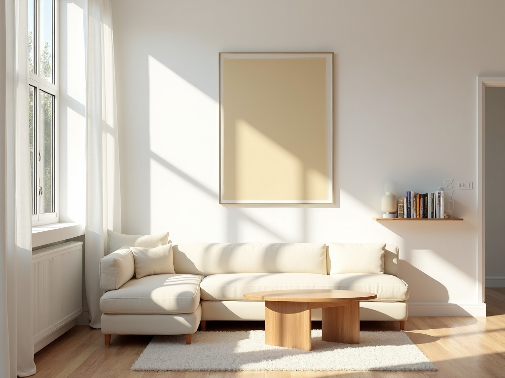 Minimalist living room with neutral tones and simple decor.