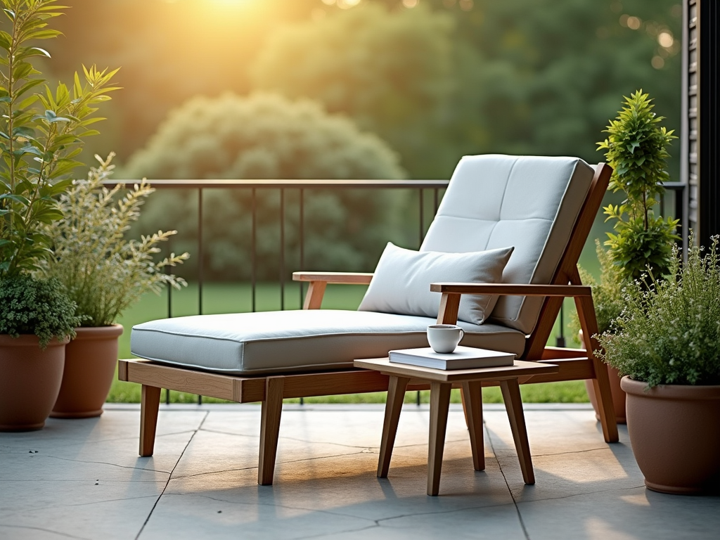 Inviting patio setup with lounge chair and coffee table.