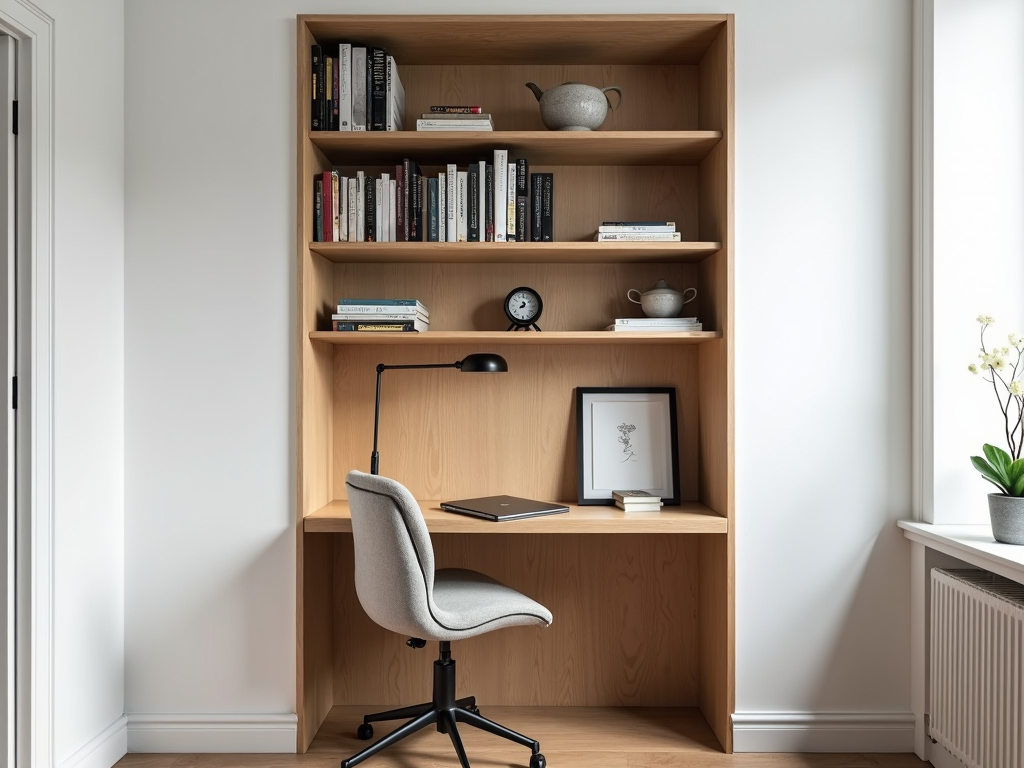 A tall wooden bookshelf and small desk combo making smart use of vertical space.