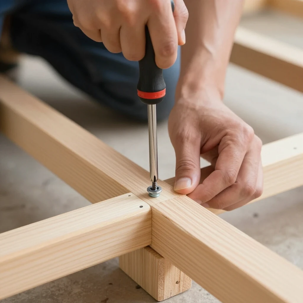 Person tightening screws on a wooden futon frame for DIY repair