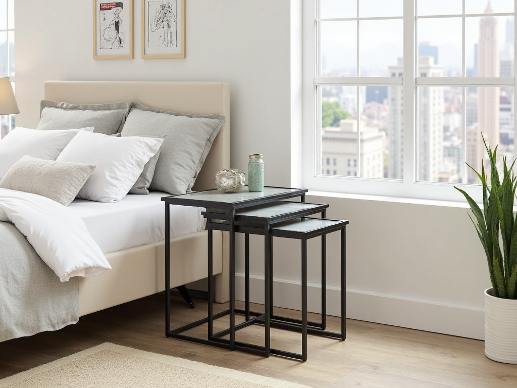 A set of nesting tables in a bedroom, demonstrating their space-saving design and decorative appeal.