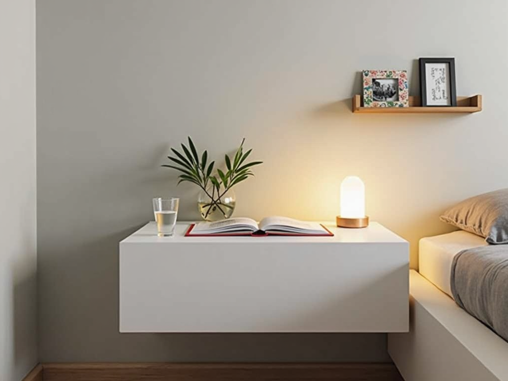 Floating nightstand with wall shelf and personal touches