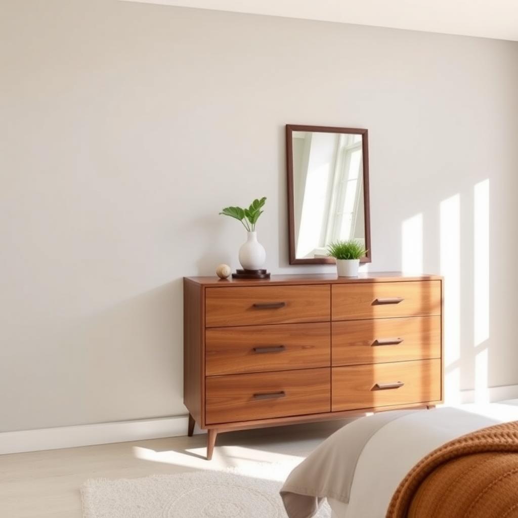 Modern walnut dresser in a cozy bedroom with a gray wall and natural light.