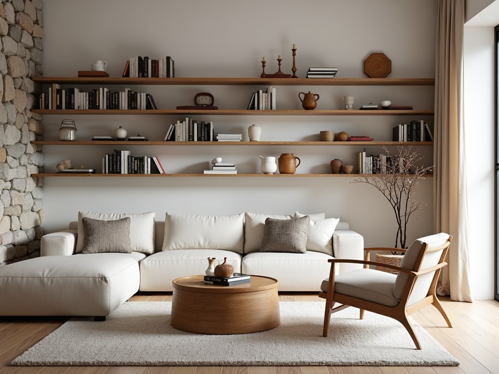A cozy living room with floating shelves displaying books and decorative items.