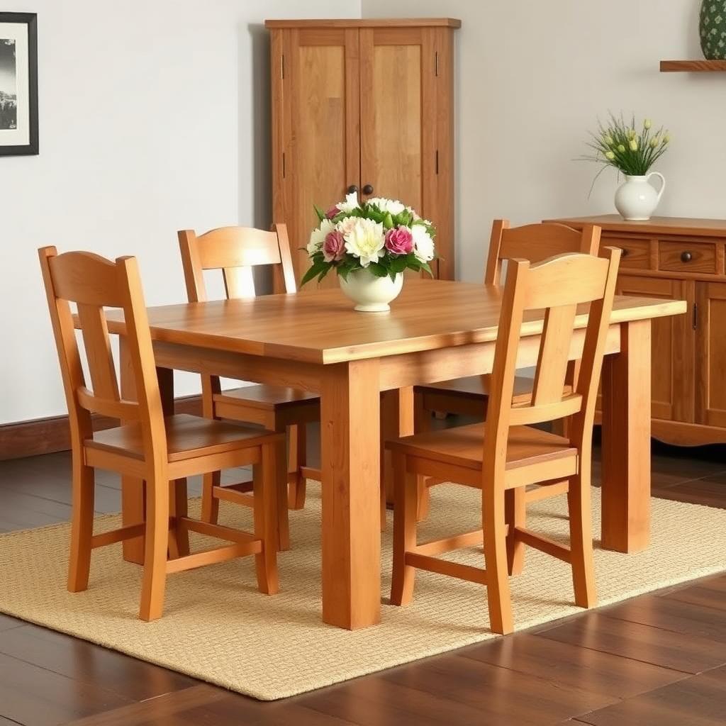 Four wooden dining chairs around an oak table with a flower centerpiece in a rustic dining room.