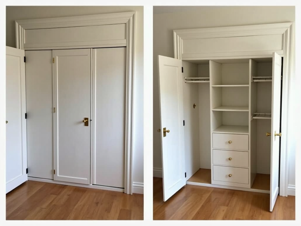 A before-and-after shot of a room with a multifunctional armoire.