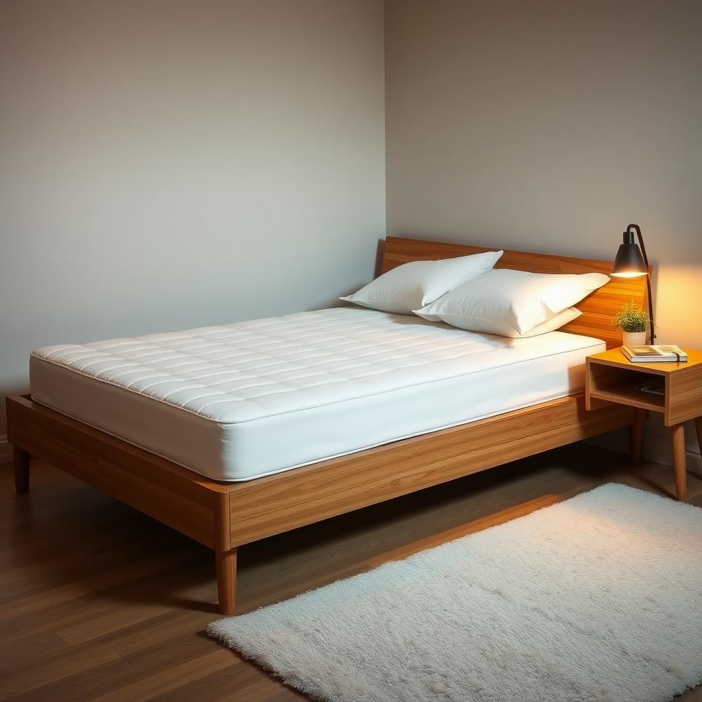 Cozy bedroom with a plush mattress on a modern wooden bed frame, lit by warm ambient lighting.