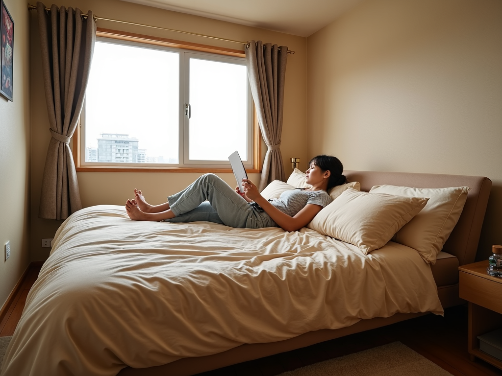 A multifunctional futon serving as both a comfortable sofa and a cozy bed in a small living space.