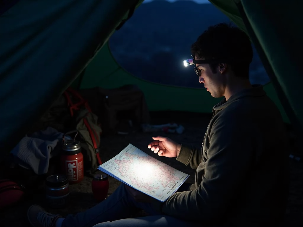 A camper using a headlamp to read a map at night.