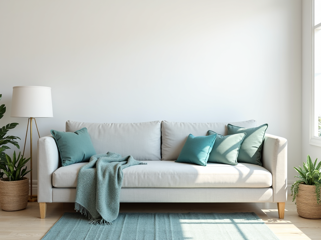 Small living room with light colors and teal accents