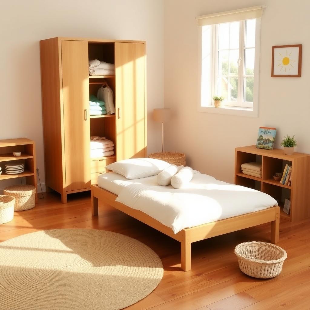 Montessori toddler bedroom with low bed, wardrobe, and reading nook