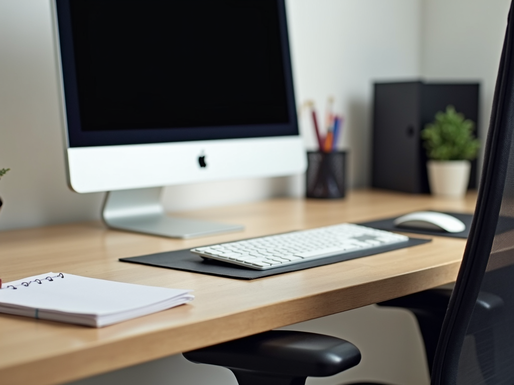 A properly set up home office desk and chair.