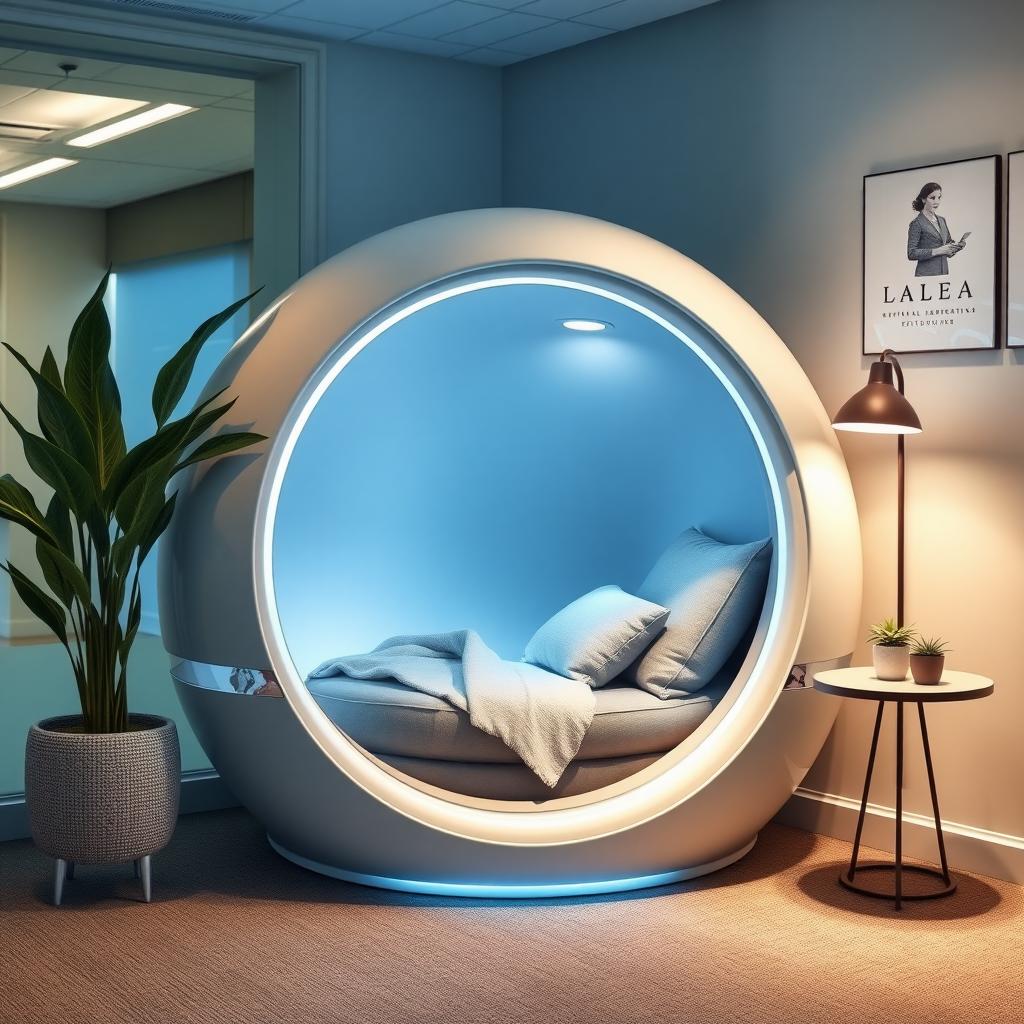 Futuristic nap pod in a quiet office corner