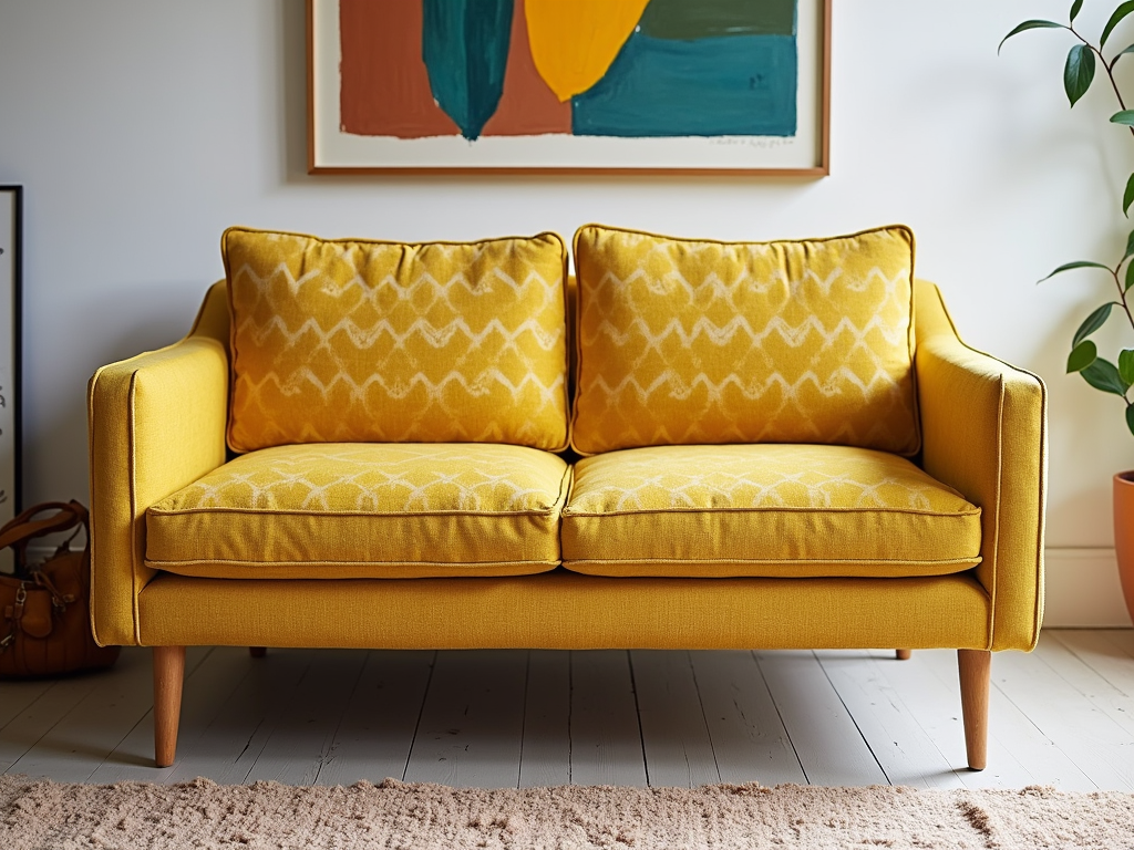 A bold mid-century modern love seat in a retro room.