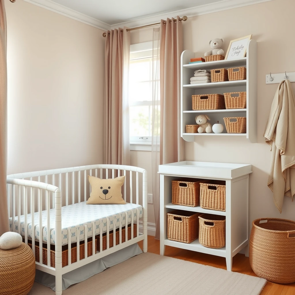 Cozy and organized small nursery with crib, changing table, and efficient storage