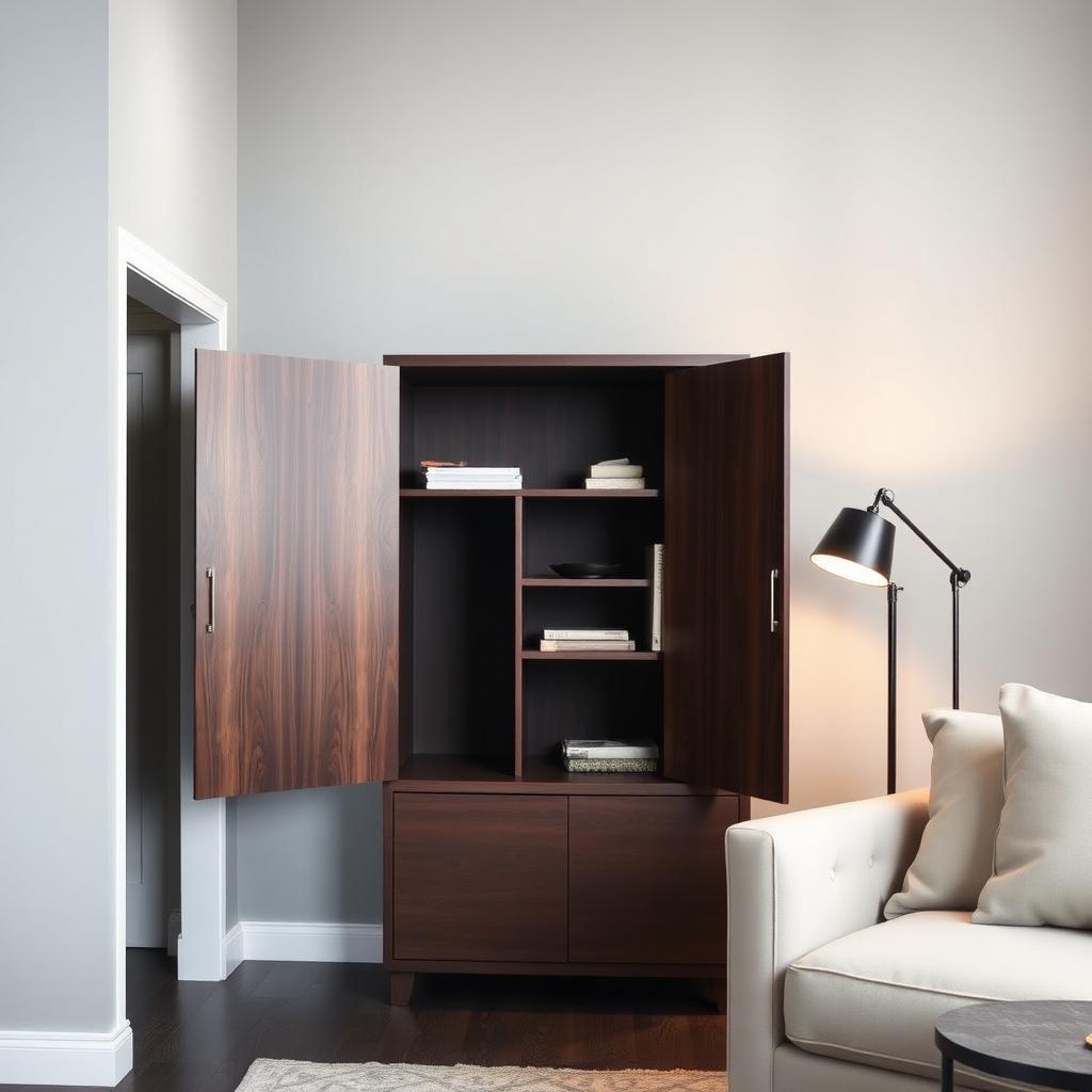 Dark walnut modern armoire with bi-fold doors in a compact living room with a gray wall and cozy sofa.